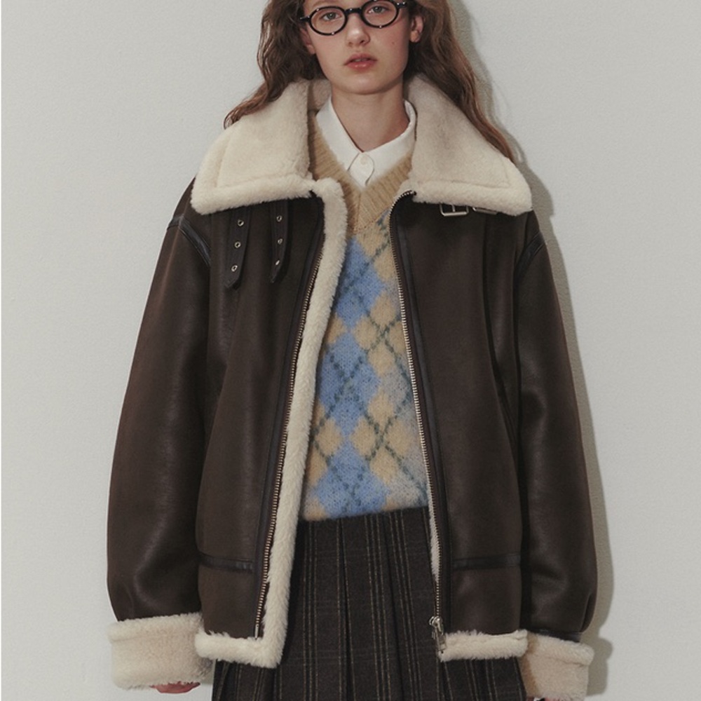 Brown Leather Bomber Jacket with Oversized Collar and Plush Lining